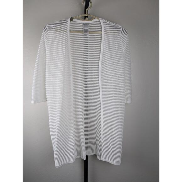 Chico's 1 US Medium ivory Sheer Striped Cardigan Jacket Topper 3/4 sleeve - Picture 1 of 4